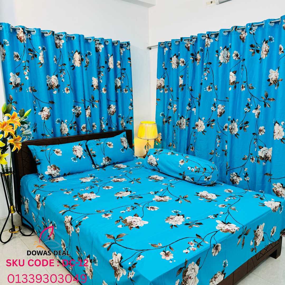 BEDSHEET,COMBO,SET,WITH,CURTAIN,bedsheet combo set with curtain, matching bedsheet and curtain, bedroom combo set, luxury bedsheet with matching curtains, home decor combo pack, বেডশীট এবং পর্দা কম্বো সেট